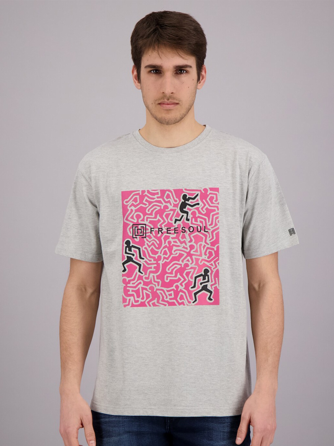 

FREESOUL Men Grey Melange & Pink Printed T-shirt