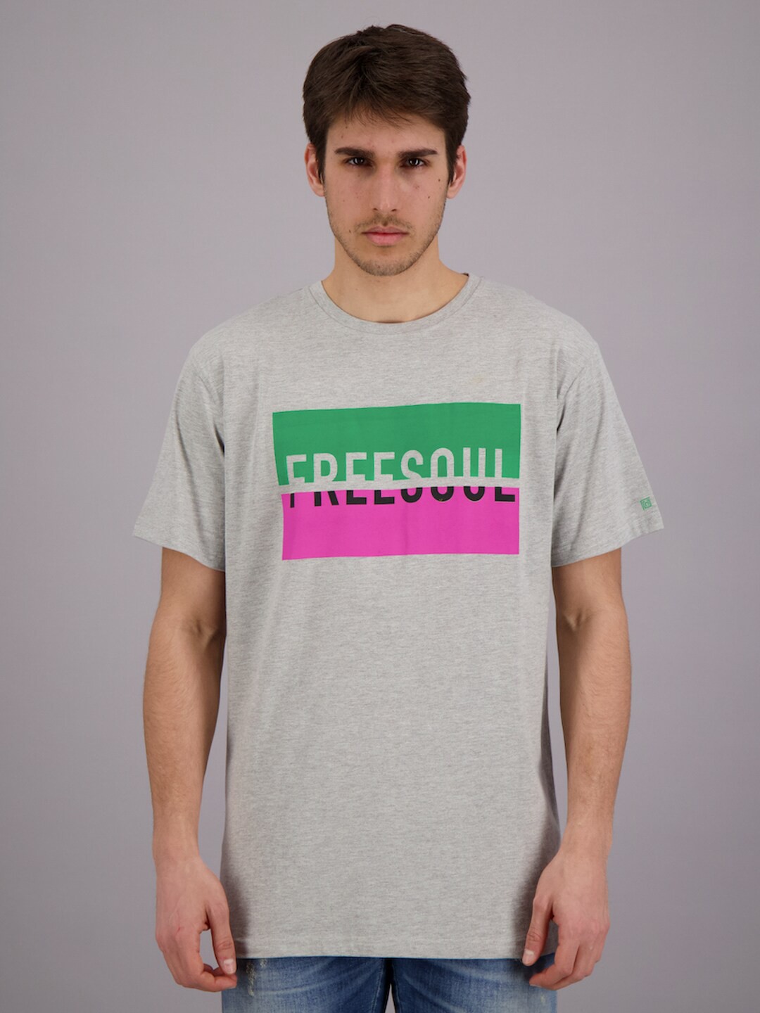 

FREESOUL Men Grey Melange & Green Typography Printed T-shirt