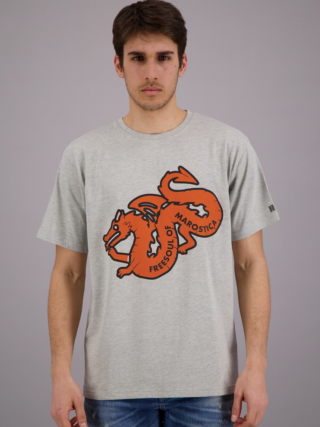 

FREESOUL Men Grey Melange & Orange Printed T-shirt