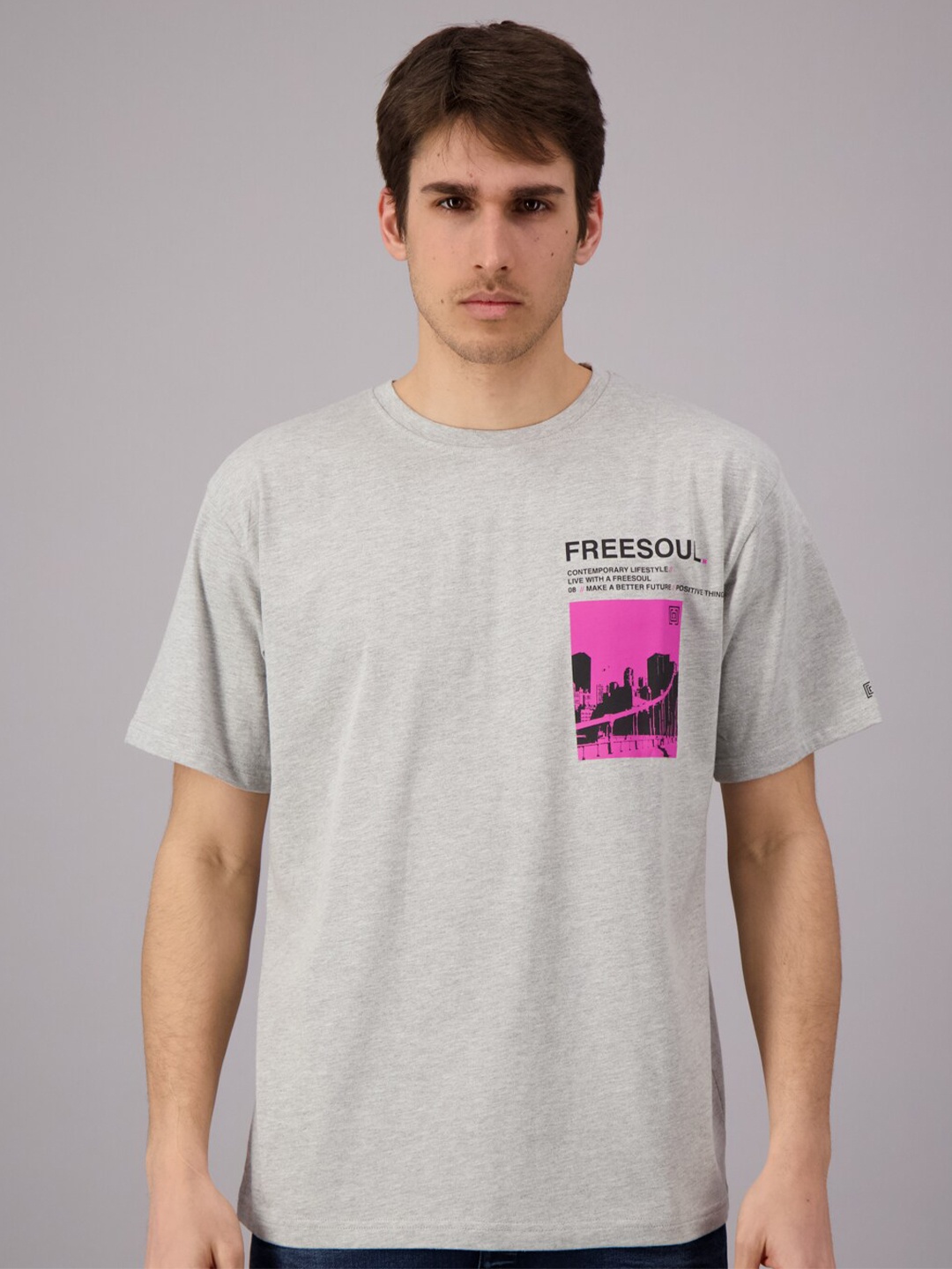 

FREESOUL Men Grey Melange Typography Extended Sleeves T-shirt