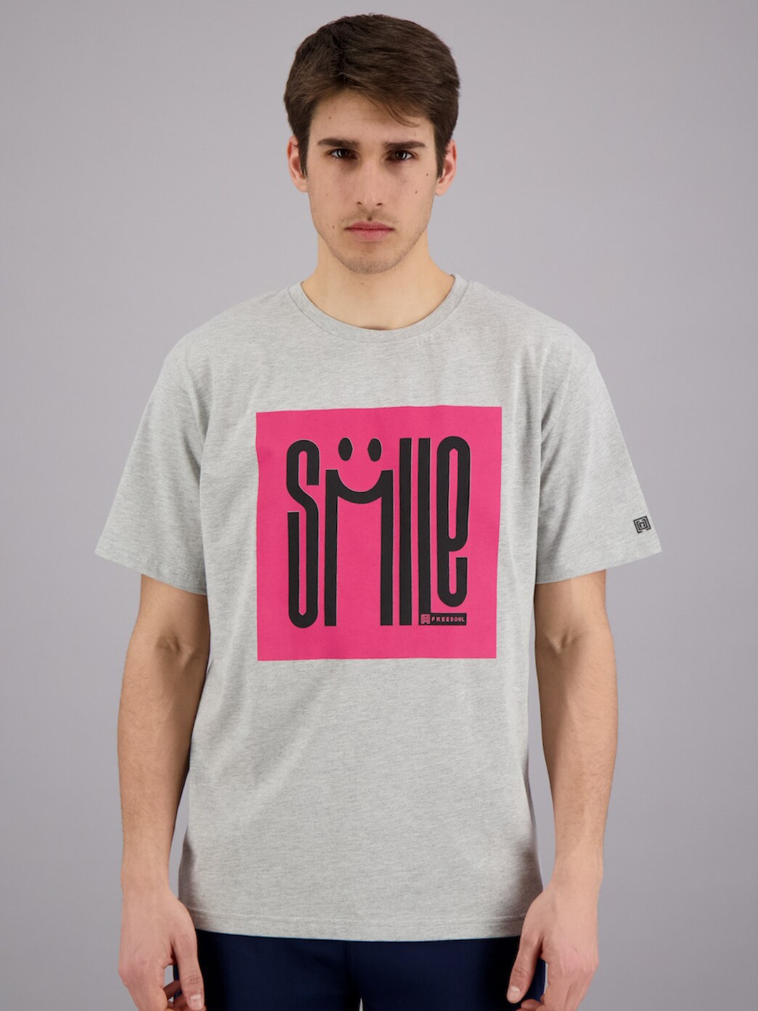 

FREESOUL Men Grey Melange & Pink Typography Printed T-shirt