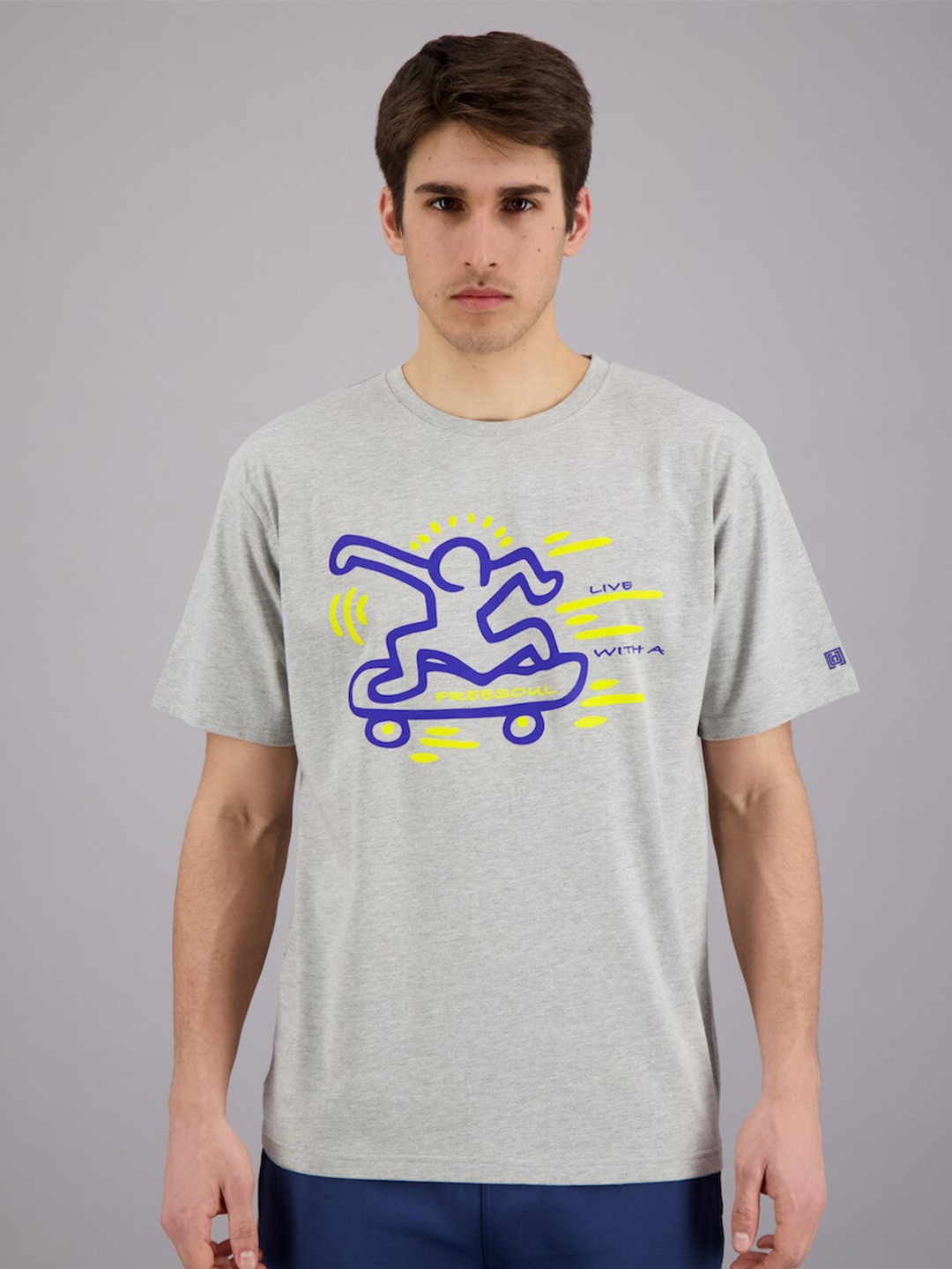 

FREESOUL Men Grey Melange Printed Cotton T-shirt