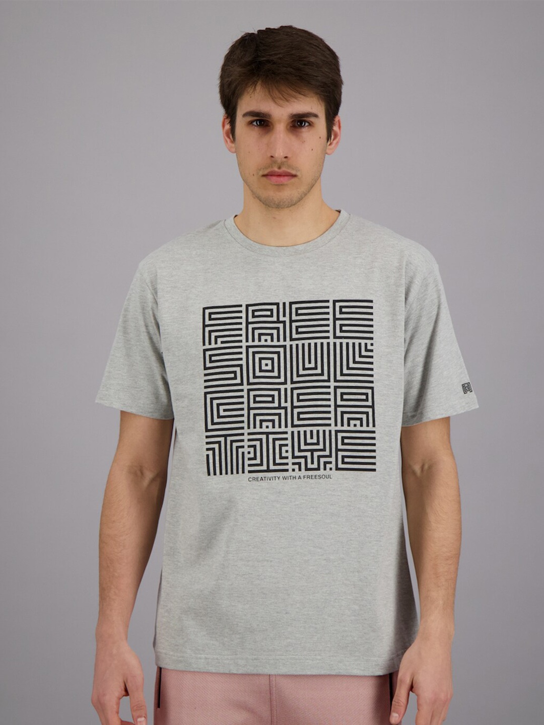 

FREESOUL Men Grey Melange & Black Printed Drop-Shoulder Sleeves T-shirt