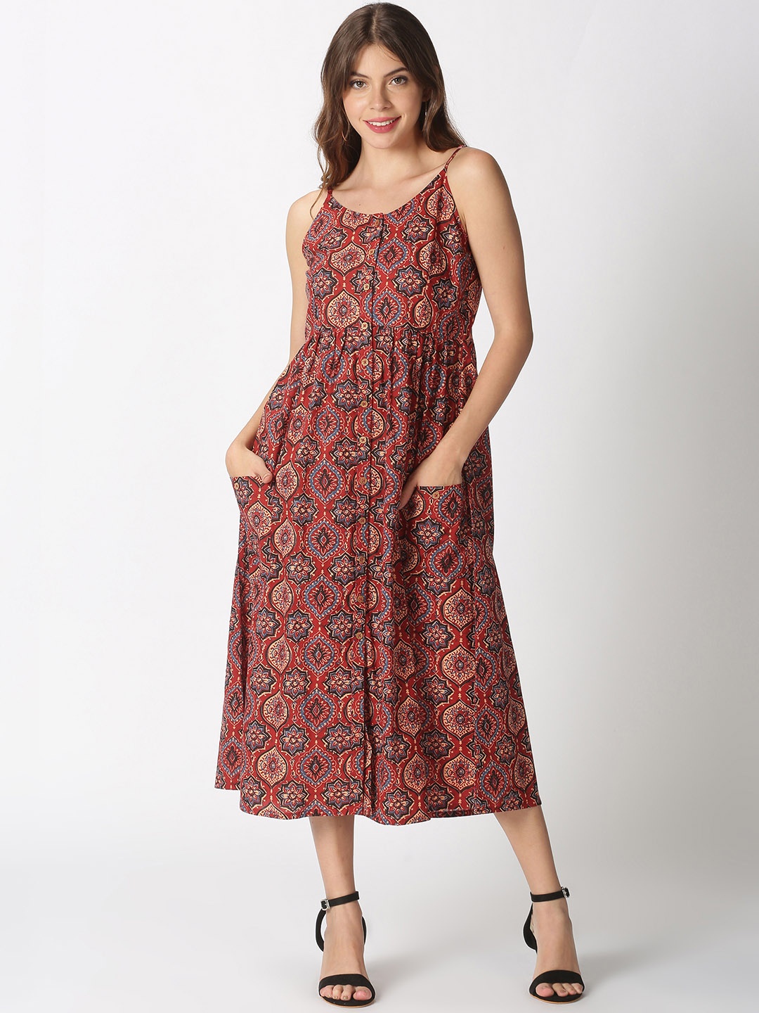 

Saffron Threads Ethnic Motifs A-Line Midi Dress, Red