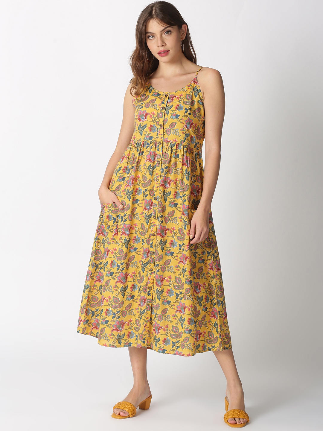 

Saffron Threads Yellow Ethnic Motifs A-Line Midi Dress