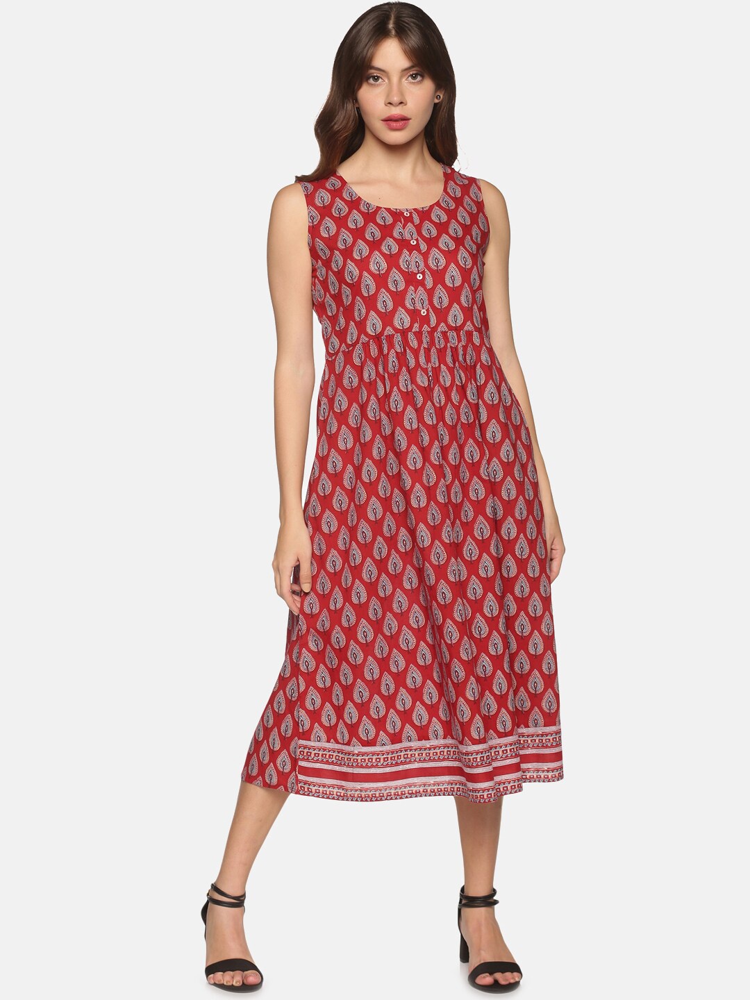 

Saffron Threads Women Red Ethnic Motifs Ethnic A-Line Cotton Midi Dress