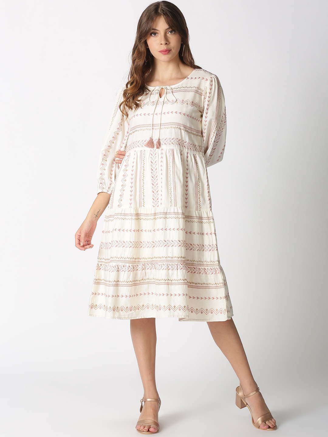 

Saffron Threads Off White Bohemian Embroidered Tie-Up Neck Midi Dress
