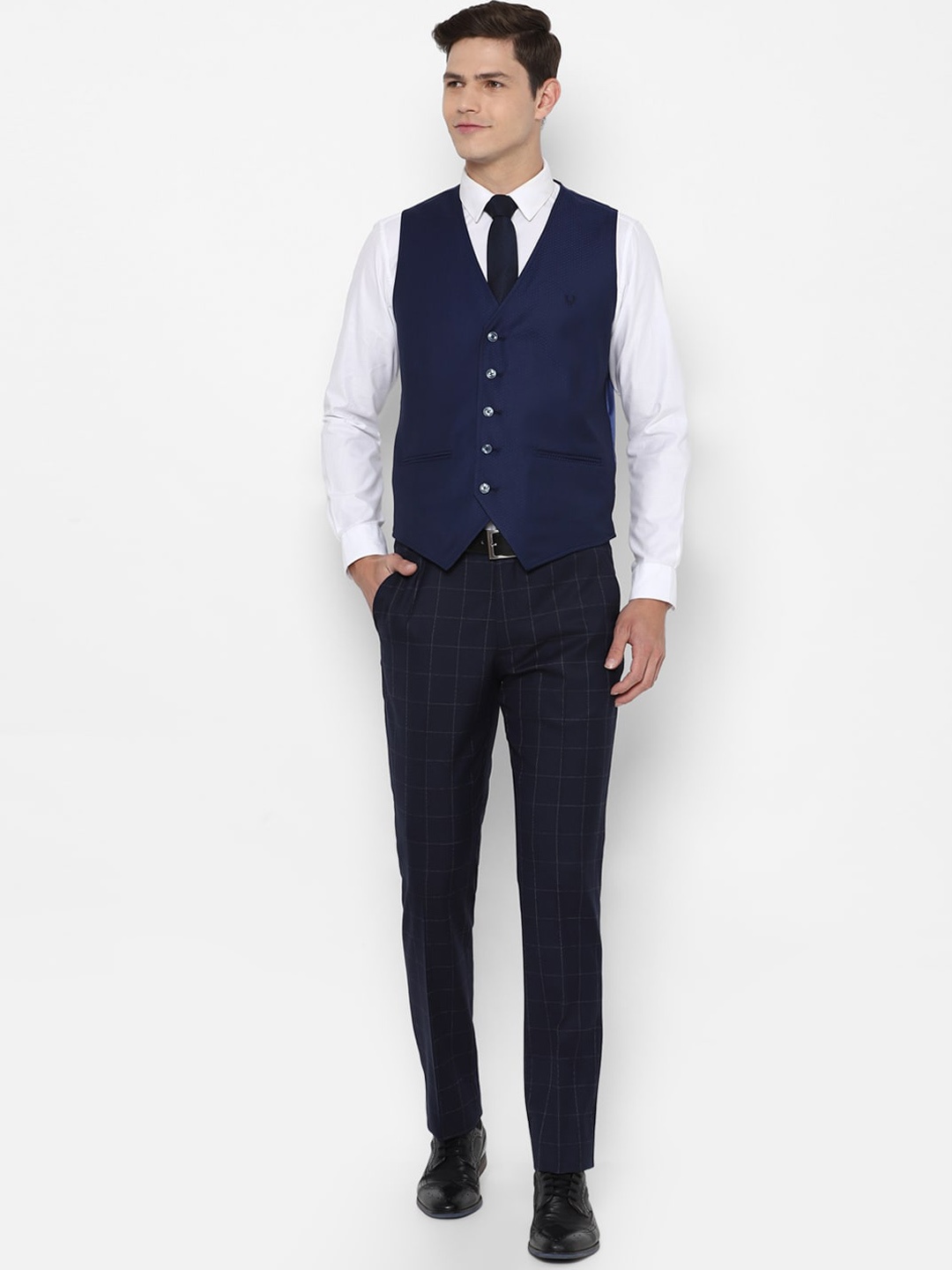 

Allen Solly Men Navy Blue Checked Slim-Fit Single-Breasted Three-Piece Formal Suit