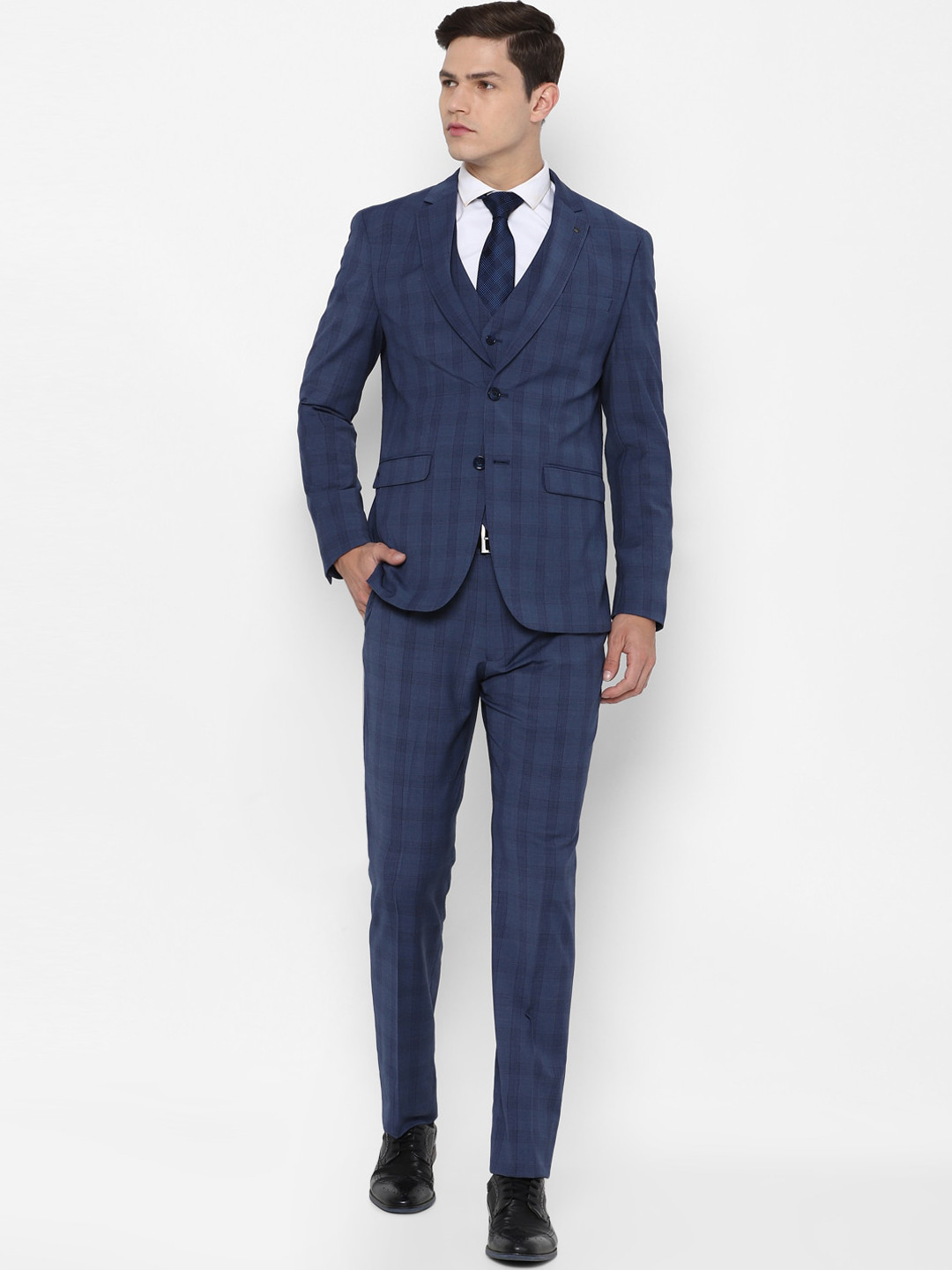 

Louis Philippe Men Navy-Blue Checked Slim-Fit Single-Breasted Three-Piece Formal Suit