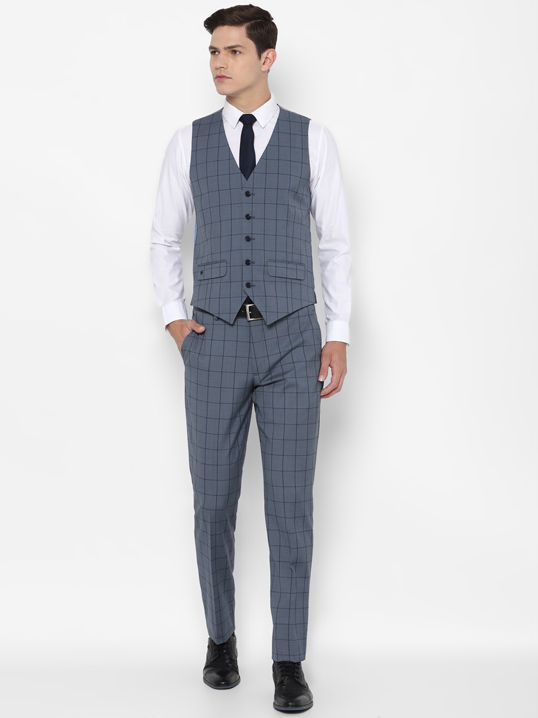 

Louis Philippe Men Blue & Black Checked Slim-Fit Single-Breasted Three-Piece Formal Suit