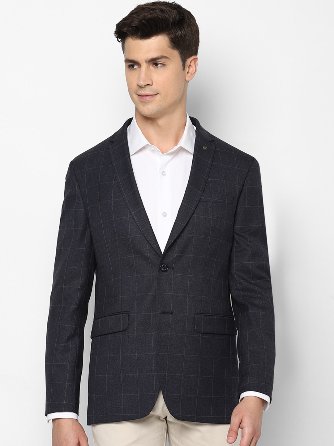 

Allen Solly Men Navy Blue Checked Slim Fit Single Breasted Blazer