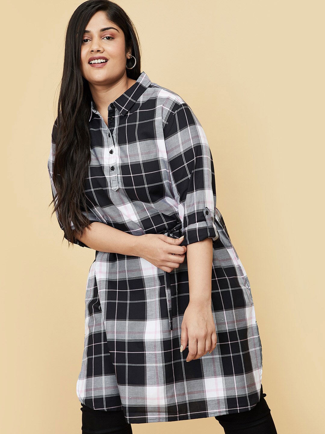 

max Black & White Shirt Collar Checked Pure Cotton Tunic