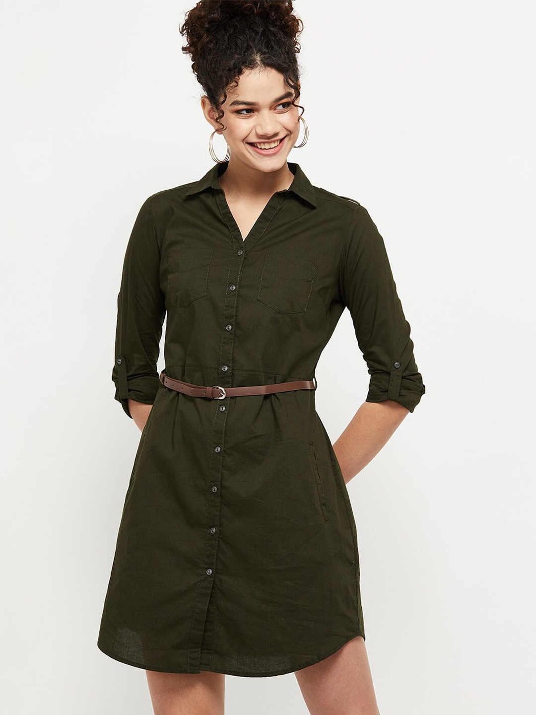 

max Women Olive Green Solid Pure Cotton Tunic