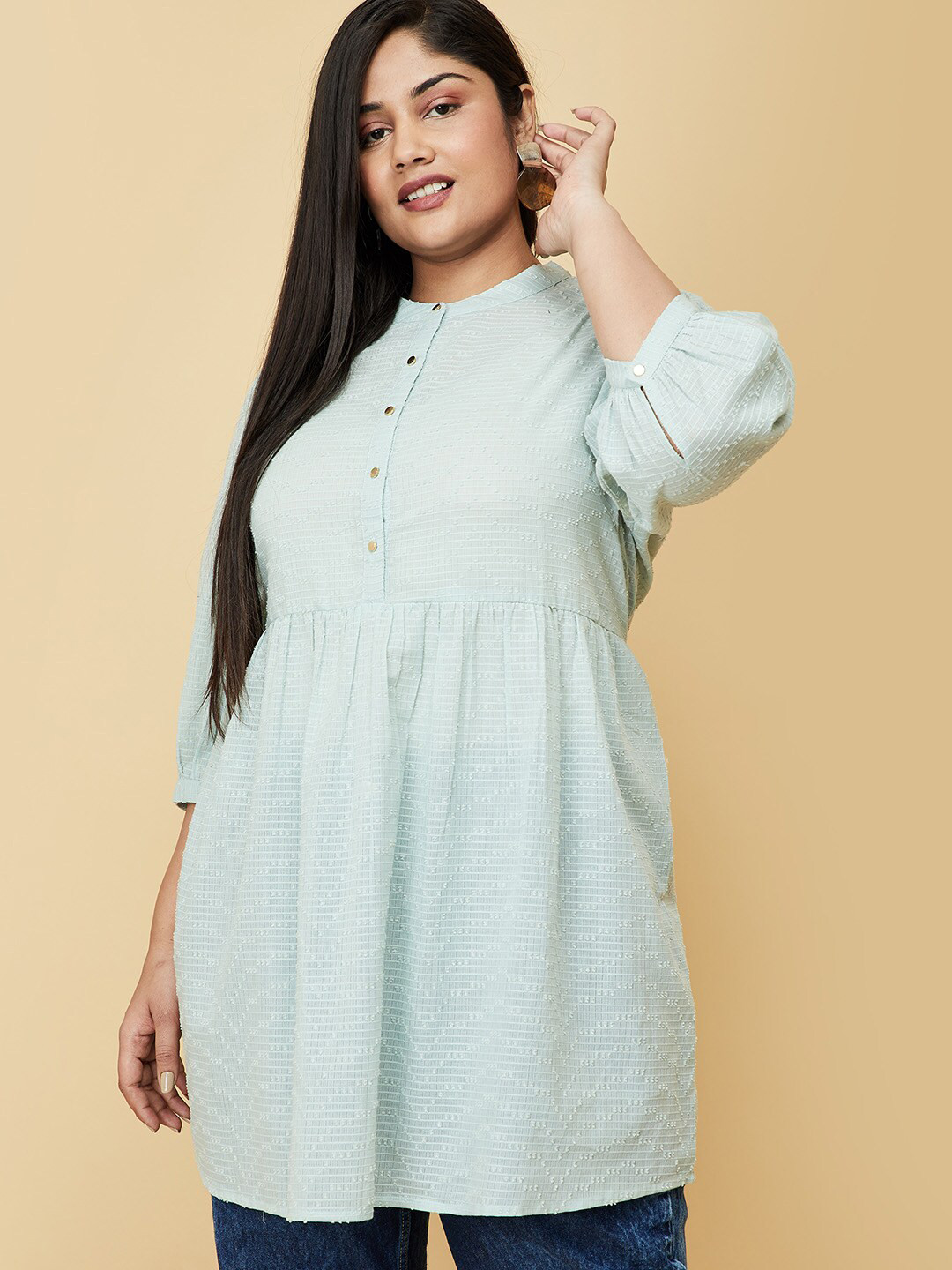 

max Blue Mandarin Collar Pure Cotton Embroidered Tunic