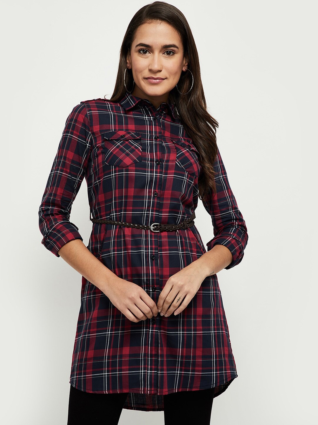 

max Navy Blue & Red Shirt Collar Checked Cotton Tunic