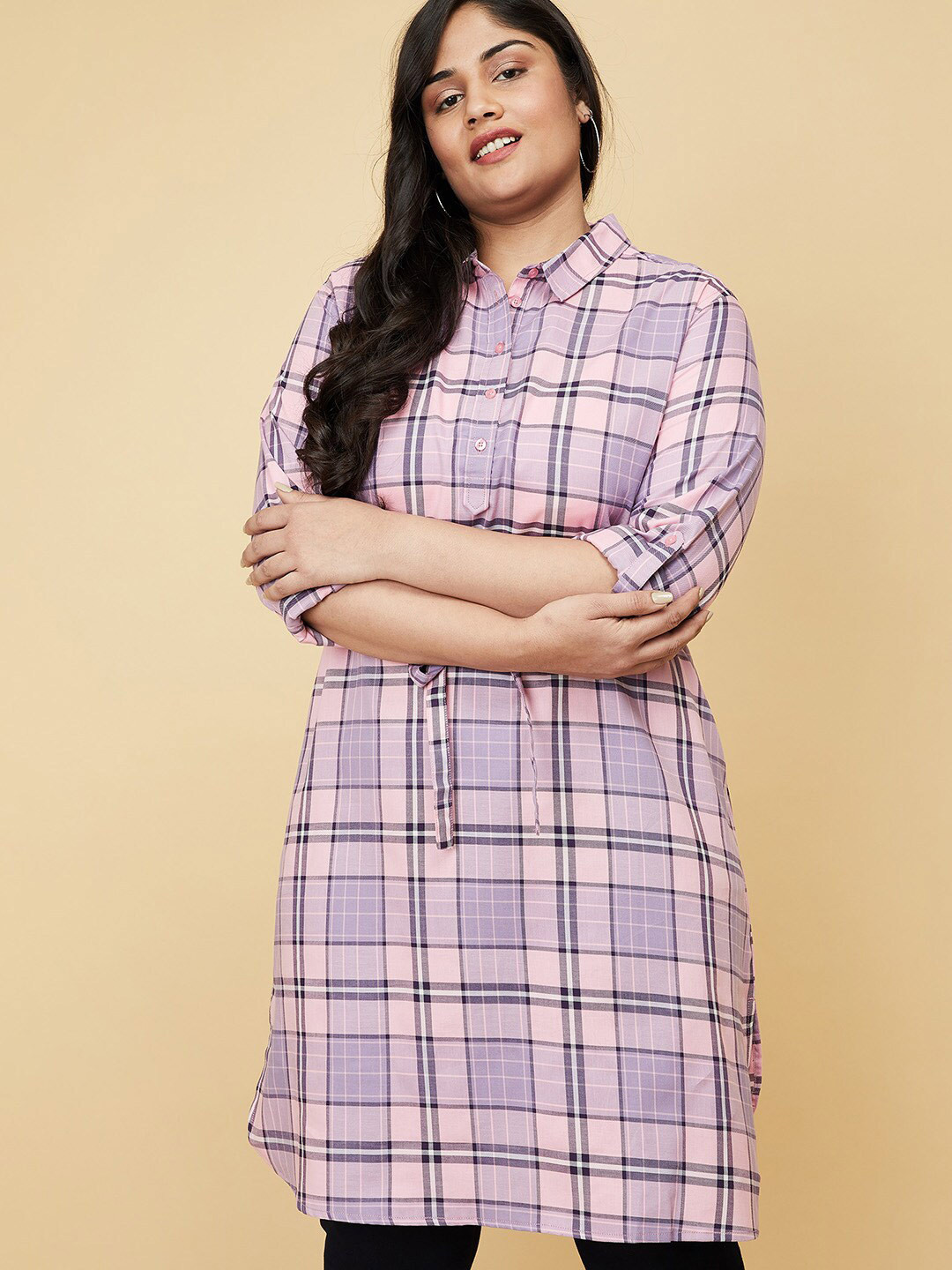 

max Women Plus Size Pink & Purple Shirt Collar Checked Cotton Tunic