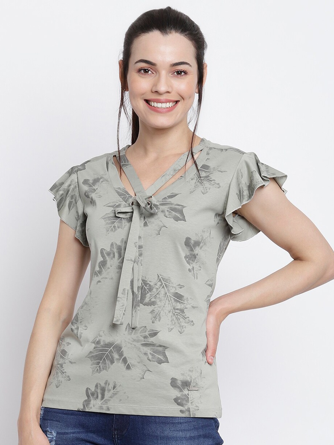 

Her Grace Grey Floral Print Tie-Up Neck Pure Cotton Top