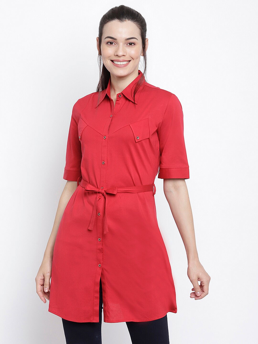 

Her Grace Red Pure Cotton Belted Shirt Style Longline Top