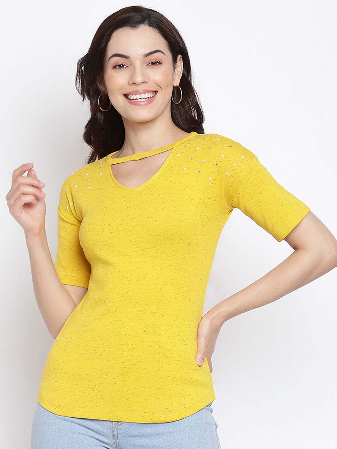 

Her Grace Women Mustard Yellow Choker Neck Top