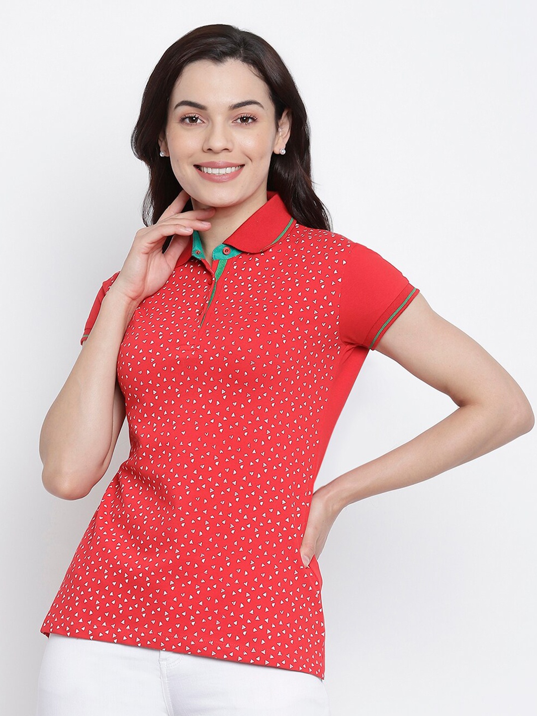 

Her Grace Red Print Shirt Style Pure Cotton Top