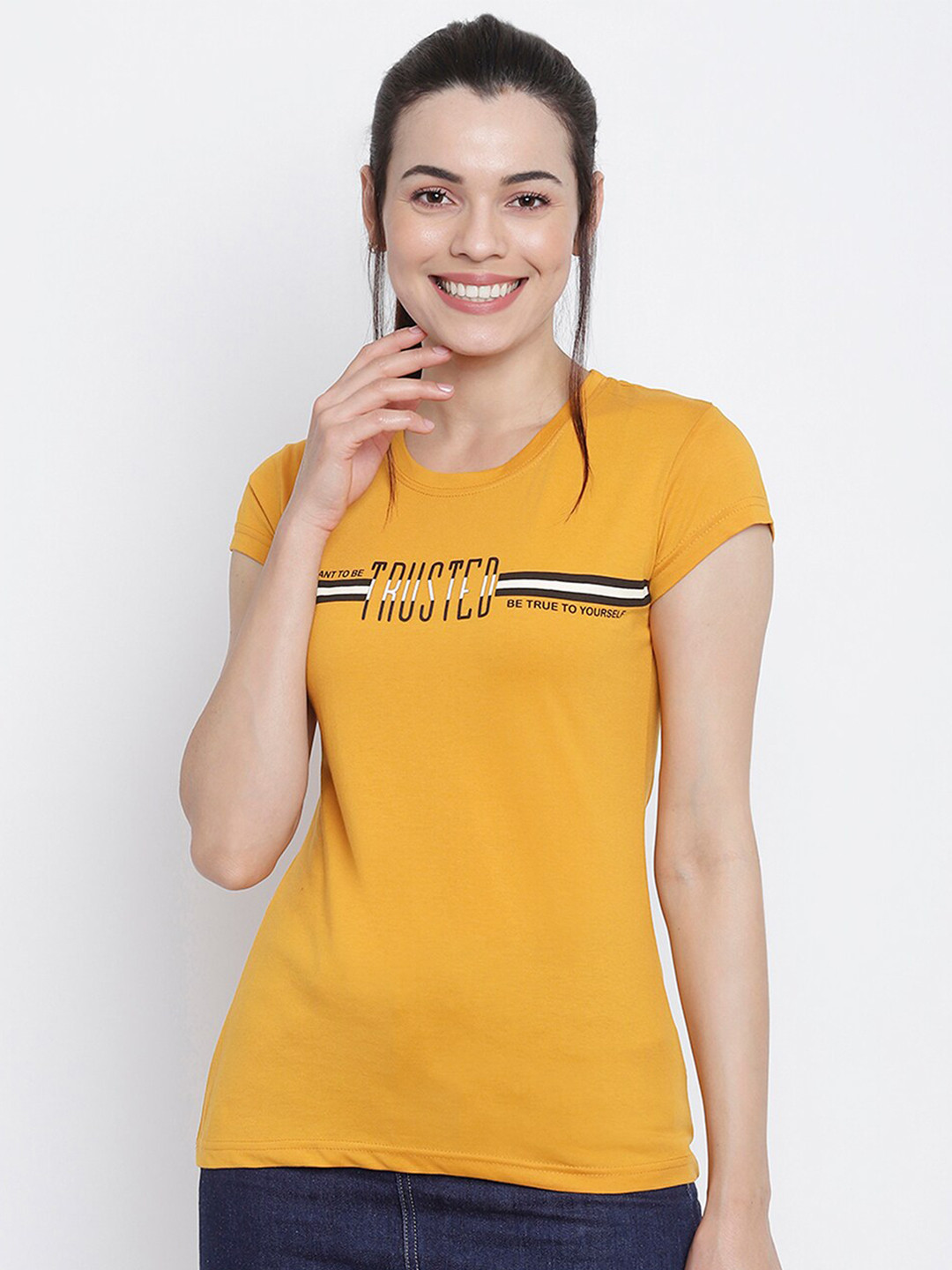 

Her Grace Women Mustard Yellow & White Typography Printed Pure Cotton T-shirt