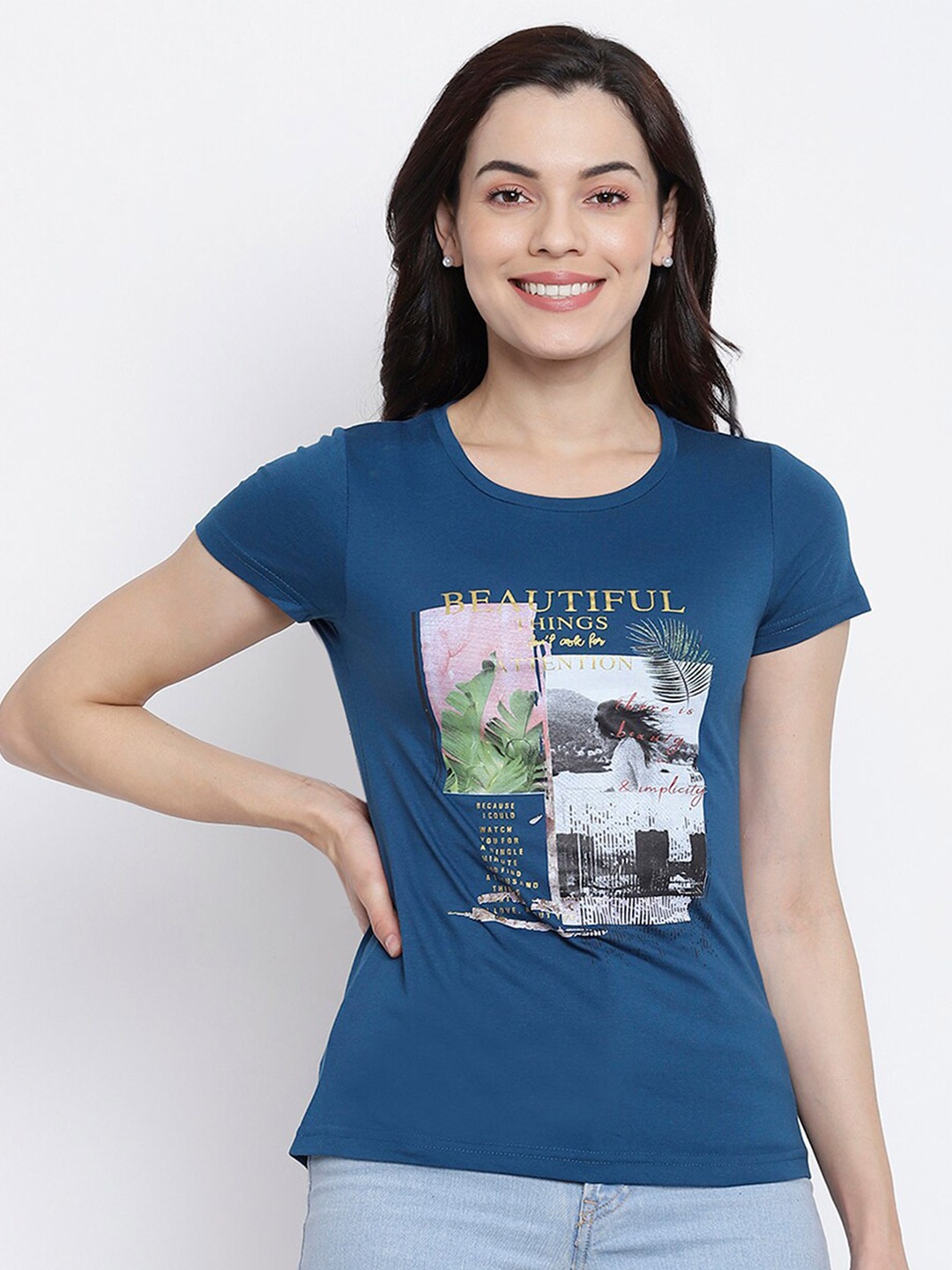

Her Grace Women Teal Print Cotton Top