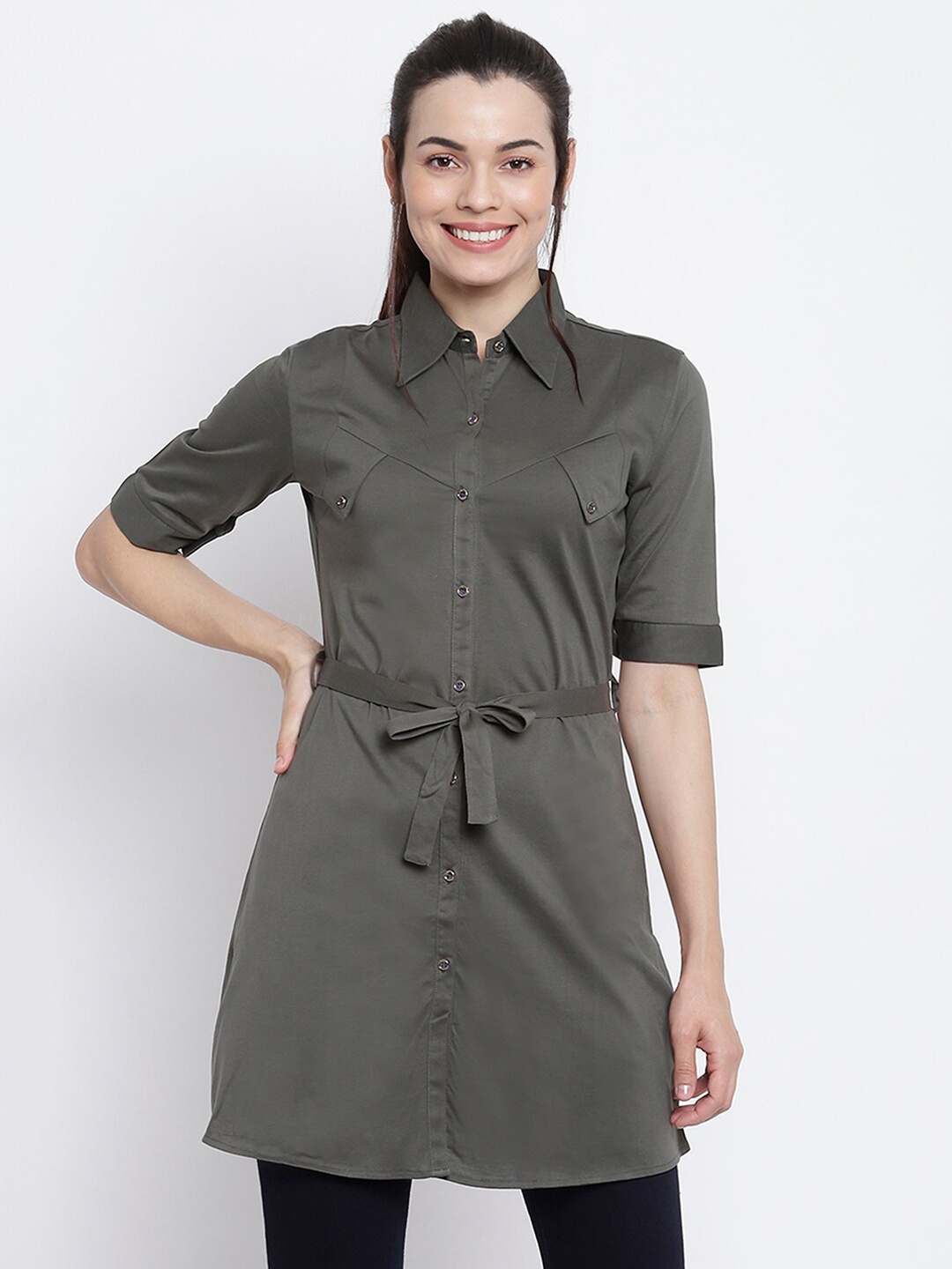 

Her Grace Olive Green Shirt Style Pure Cotton Longline Top