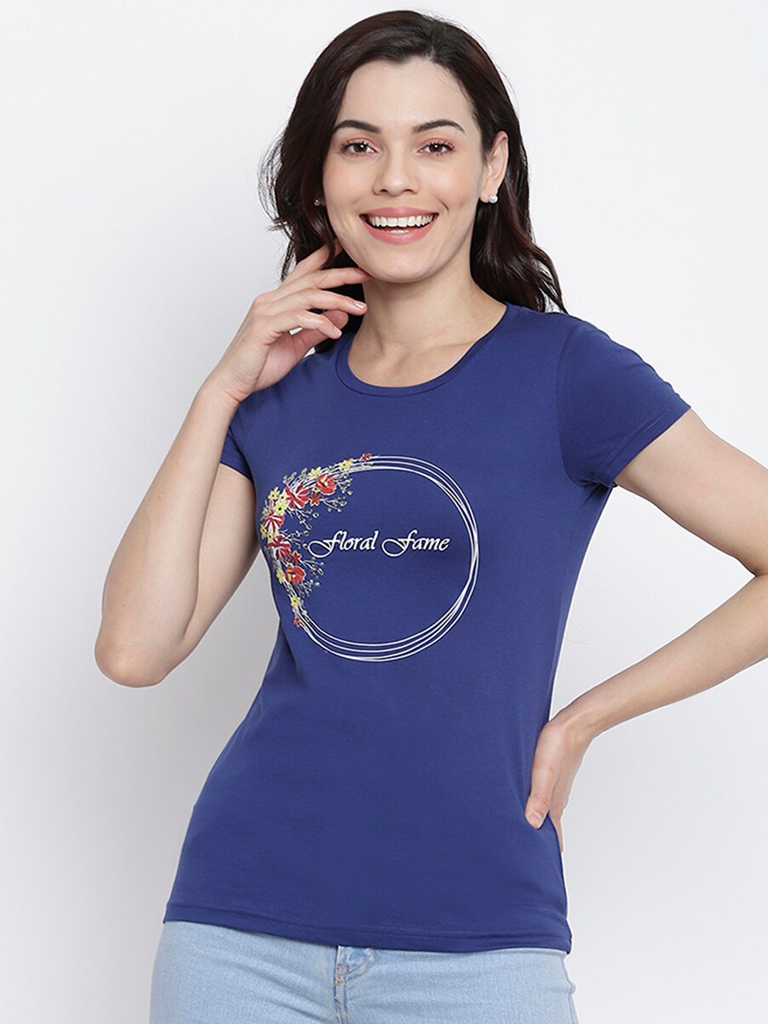 

Her Grace Women Navy Blue & White Printed Pure Cotton T-shirt