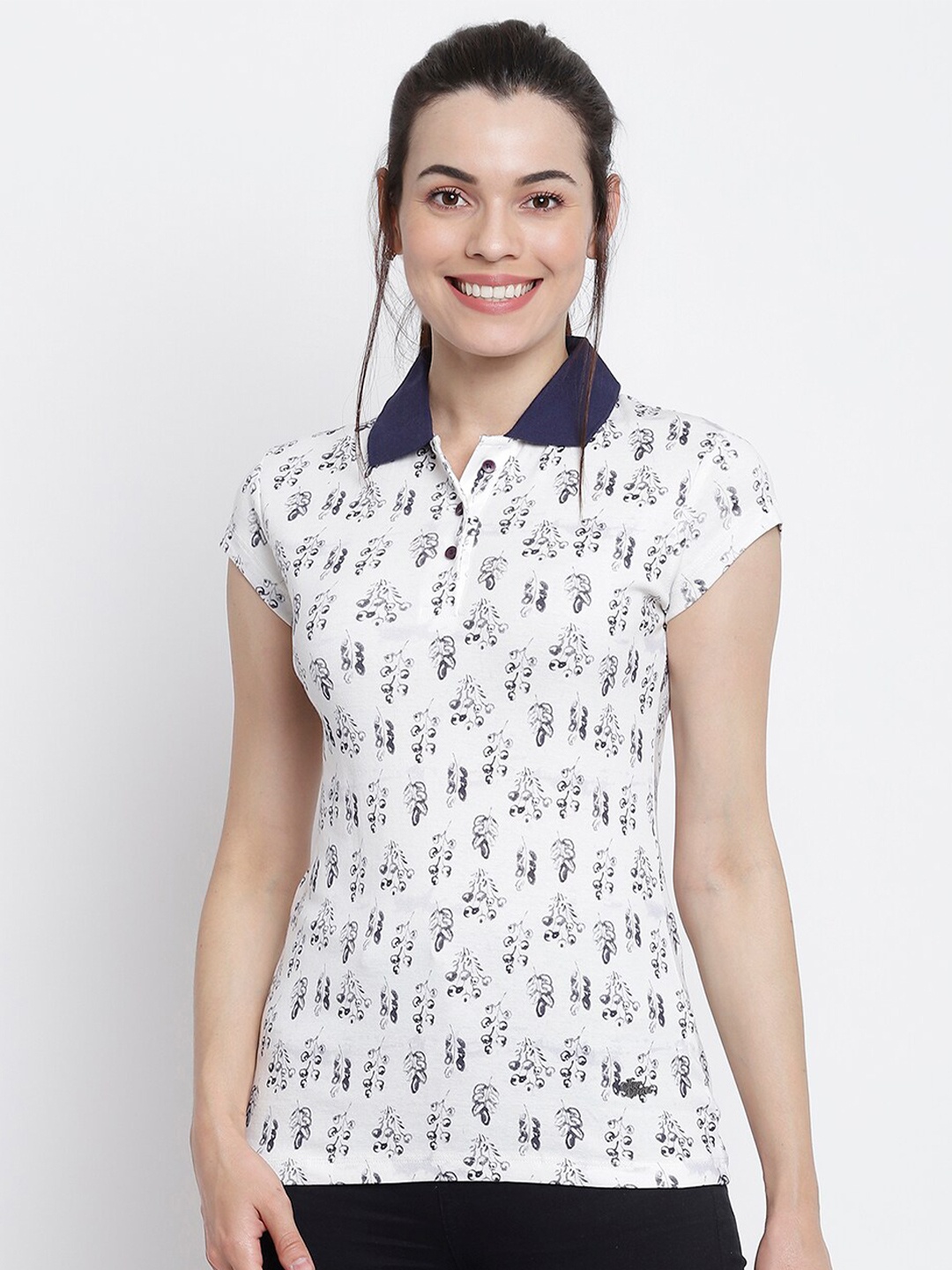 

Her Grace Women White Print Cotton Shirt Style Top