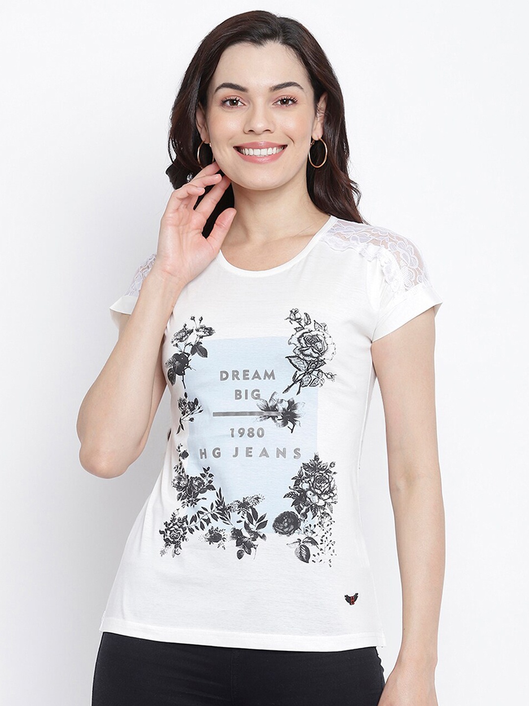 

Her Grace Women White Print Cotton Top