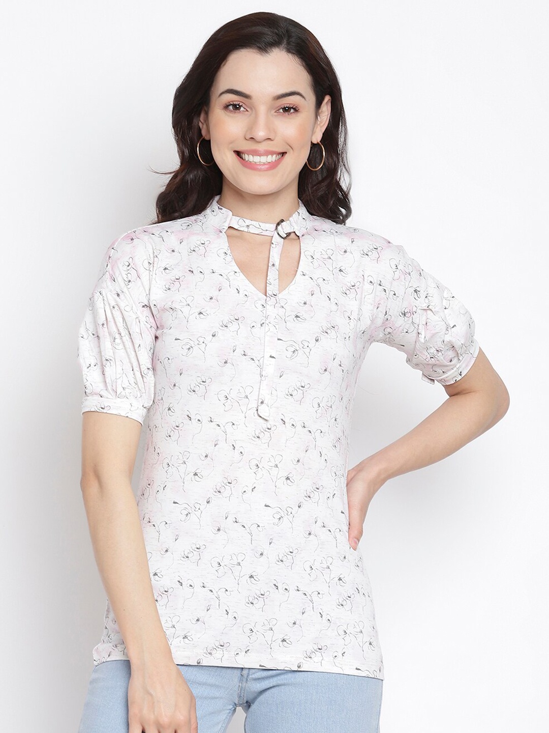 

Her Grace Women Off White Floral Print Mandarin Collar Cotton Top