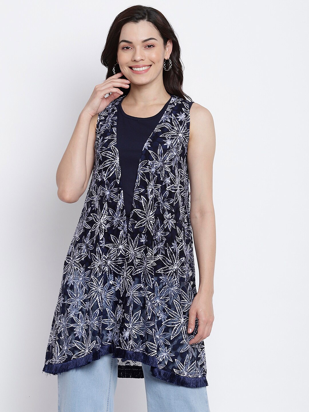 

Her Grace Women Navy Blue Print Longline Top