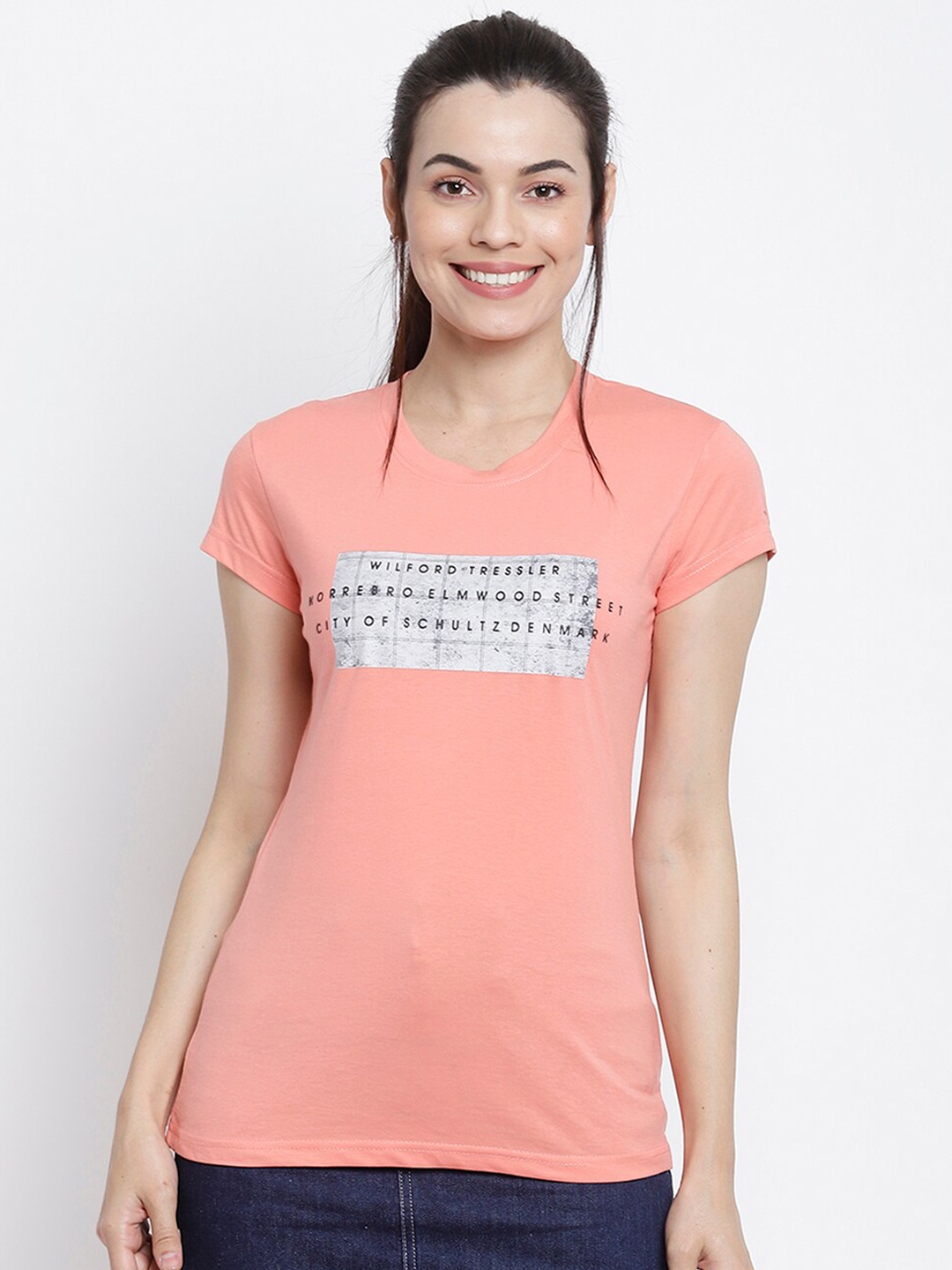 

Her Grace Peach-Coloured & White Print Pure Cotton Top
