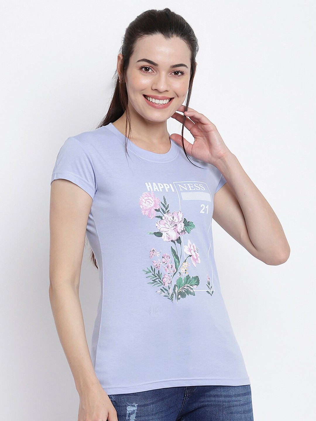

Her Grace Women Blue Floral Print Cotton Top