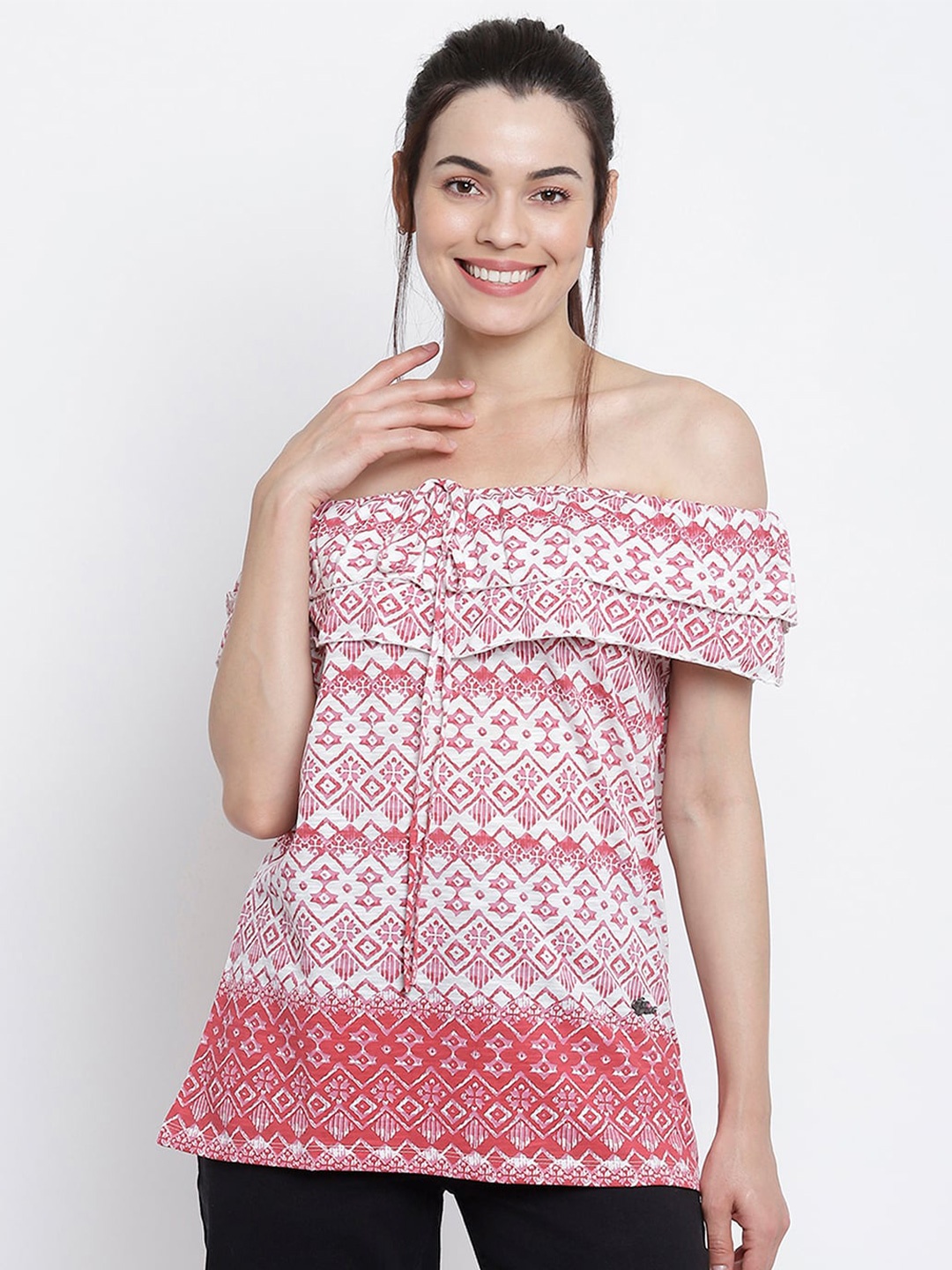 

Her Grace White & Pink Print Off-Shoulder Pure Cotton Bardot Top