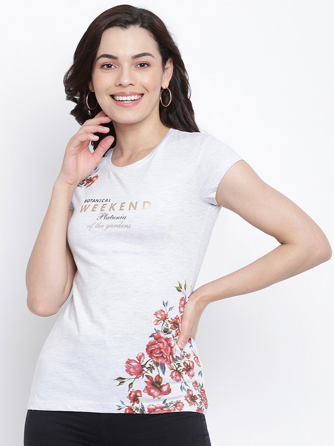 

Her Grace Women Grey Floral Print Cotton Top