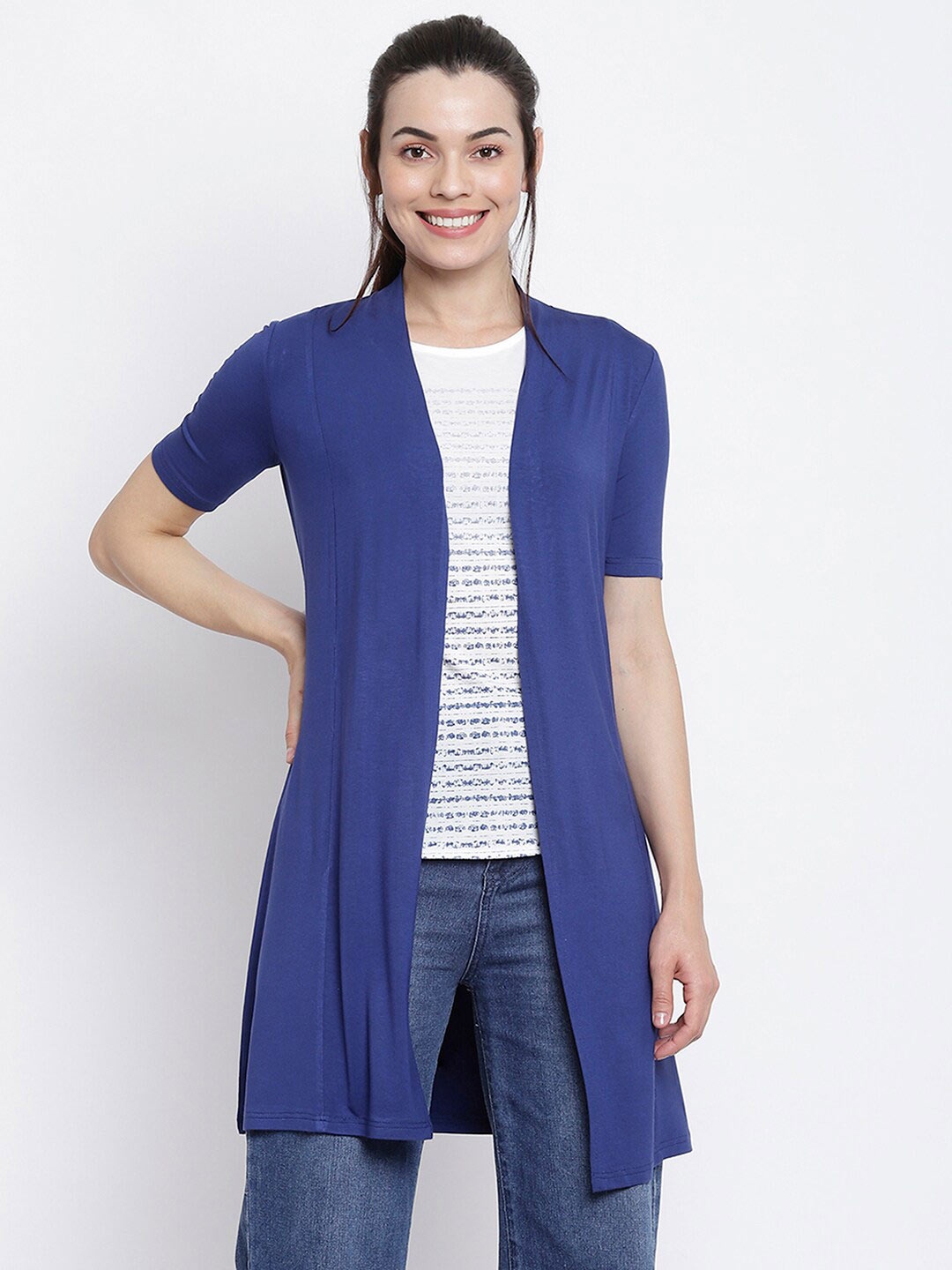 

Her Grace White & Blue Striped Top with Shrug