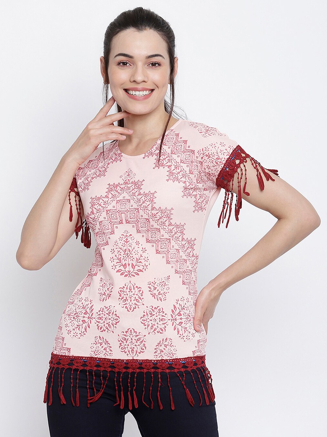 

Her Grace Peach-Coloured Floral Print Pure Cotton Top