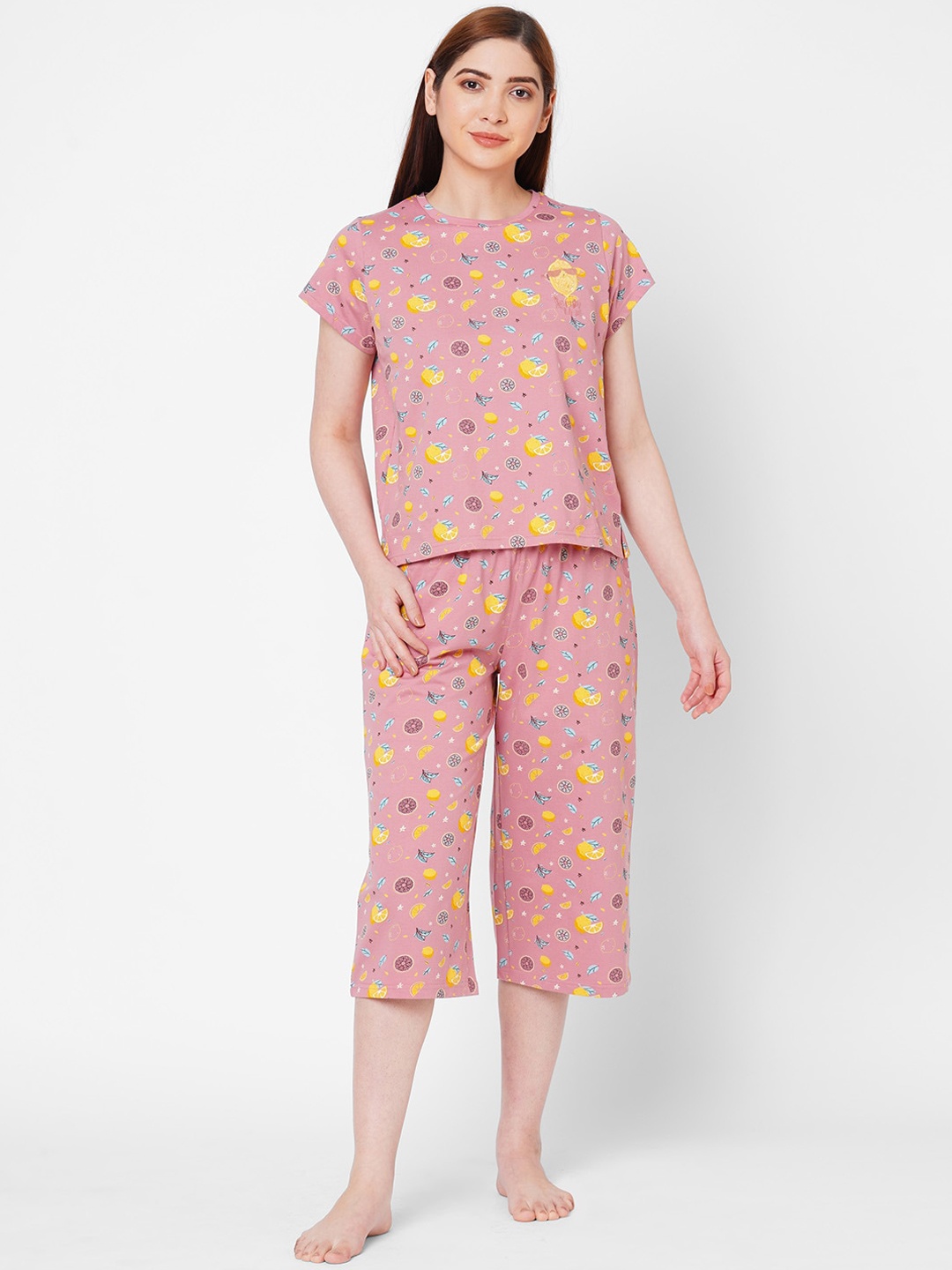 

Sweet Dreams Women Mauve & Yellow Printed Capri Night suit