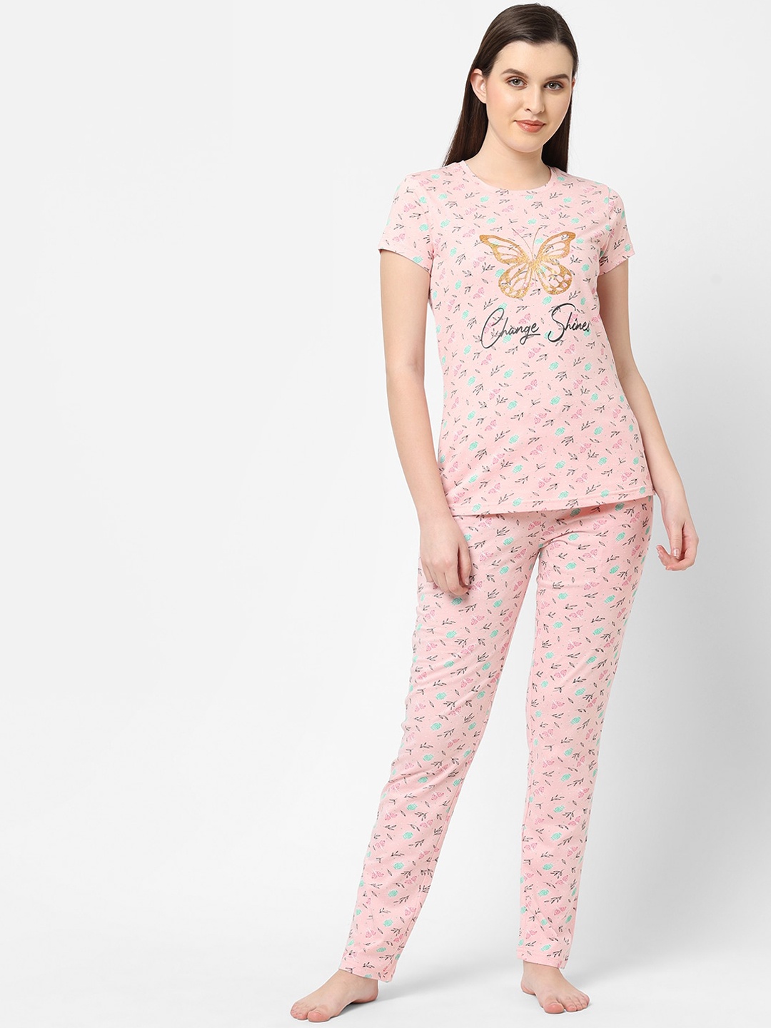 

Sweet Dreams Women Pink & Blue Printed Night Suit