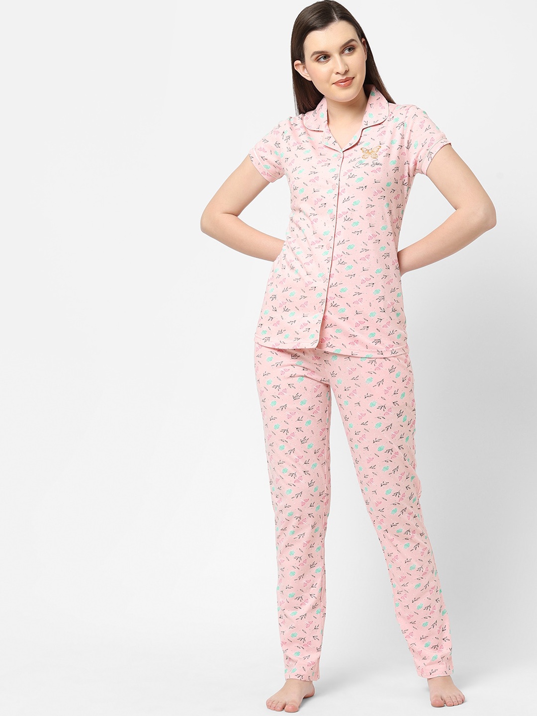 

Sweet Dreams Women Pink & Green Printed Night suit