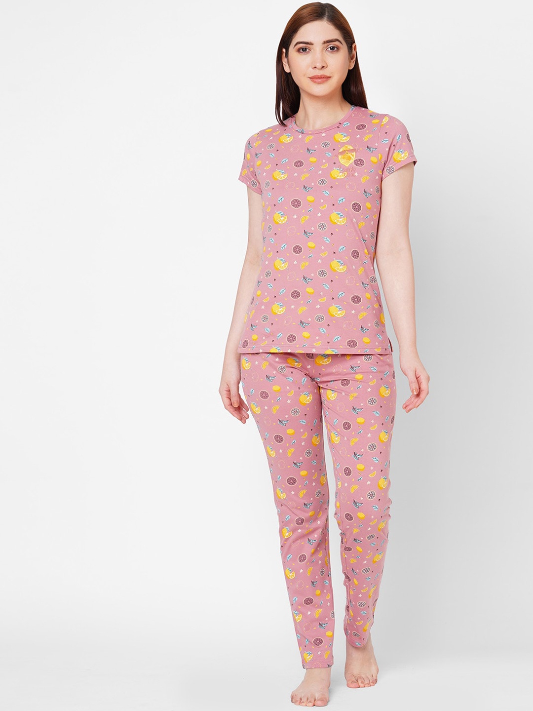 

Sweet Dreams Women Mauve & Yellow Printed Night suit