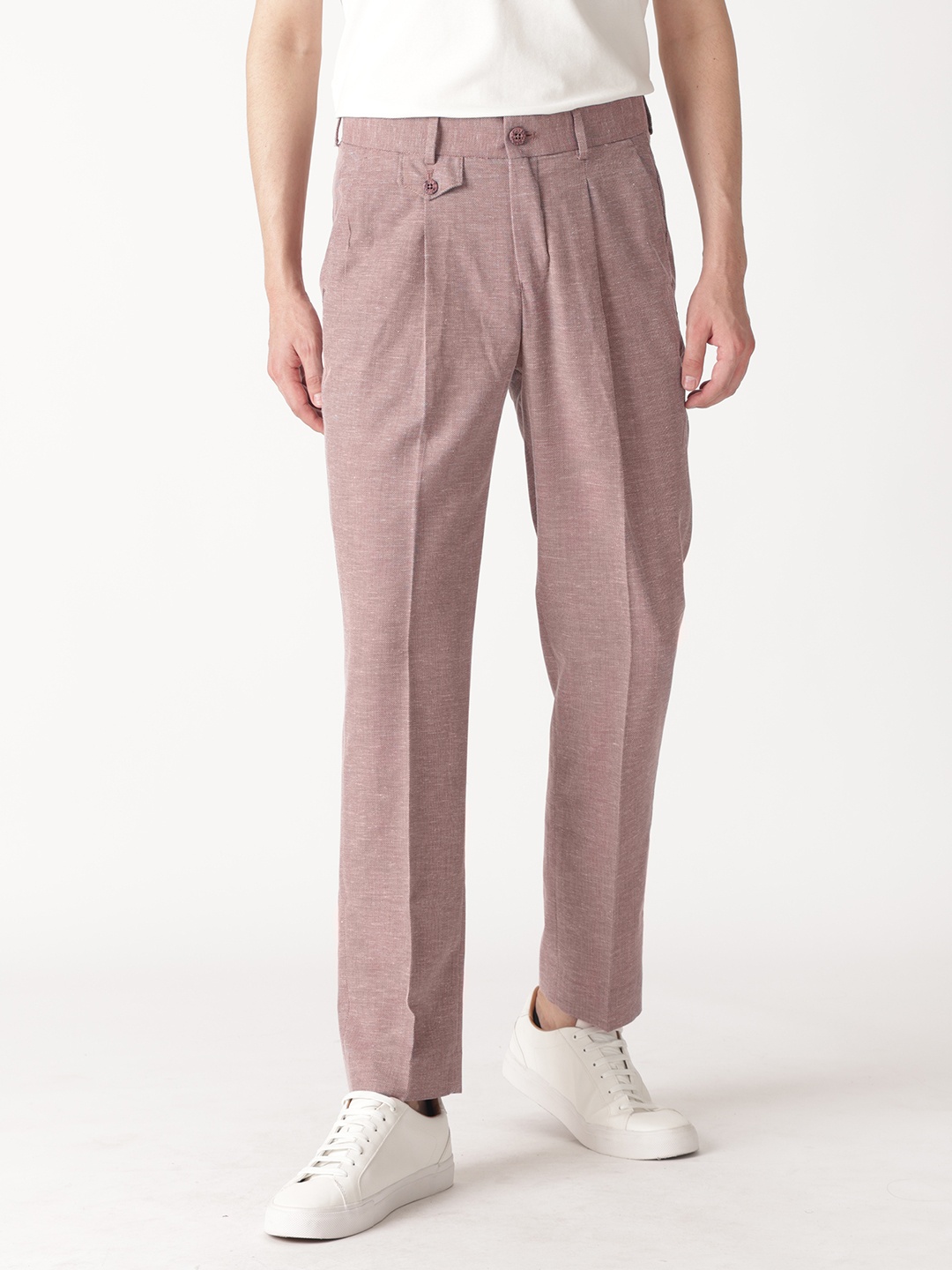 

RARE RABBIT Men Maroon Textured Slim Fit Pleated Trousers