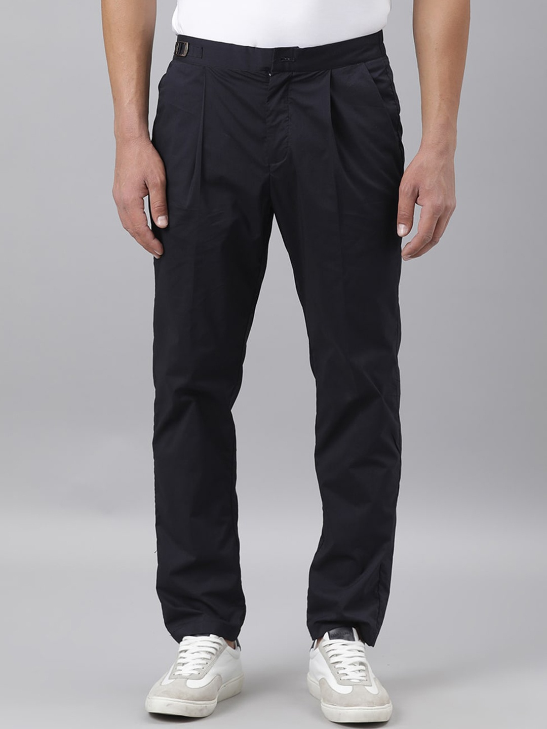 

RARE RABBIT Men Sapporo Mid-Rise Slim Fit Pleated Trouser, Navy blue