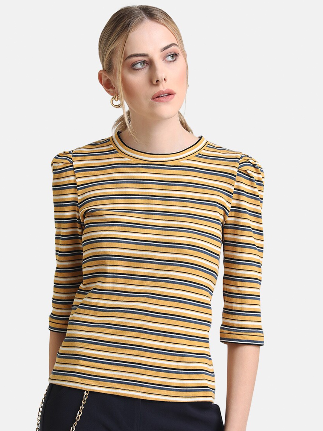 

Kazo Women Yellow Striped Jersey Top