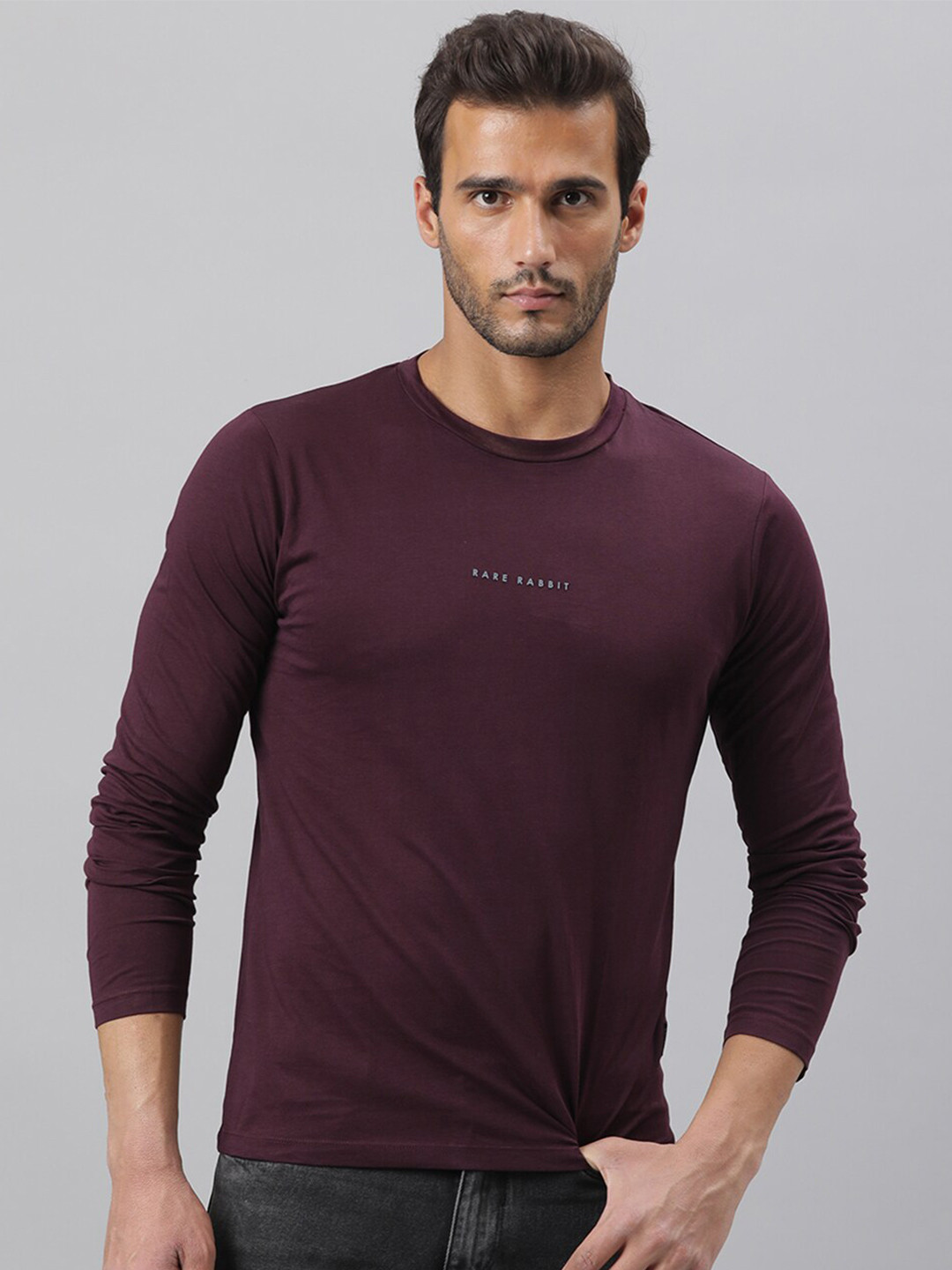 

RARE RABBIT Men Maroon Pure Cotton Slim Fit T-shirt