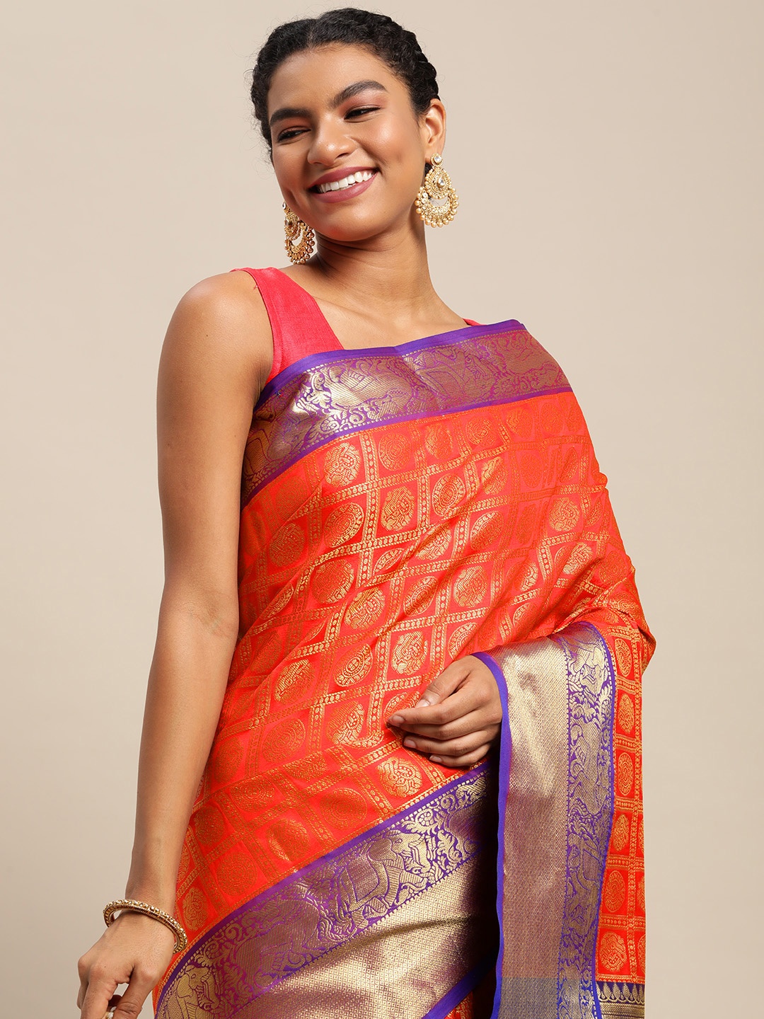 

Royal Rajgharana Saree Red & Golden Checked Banarasi Sarees