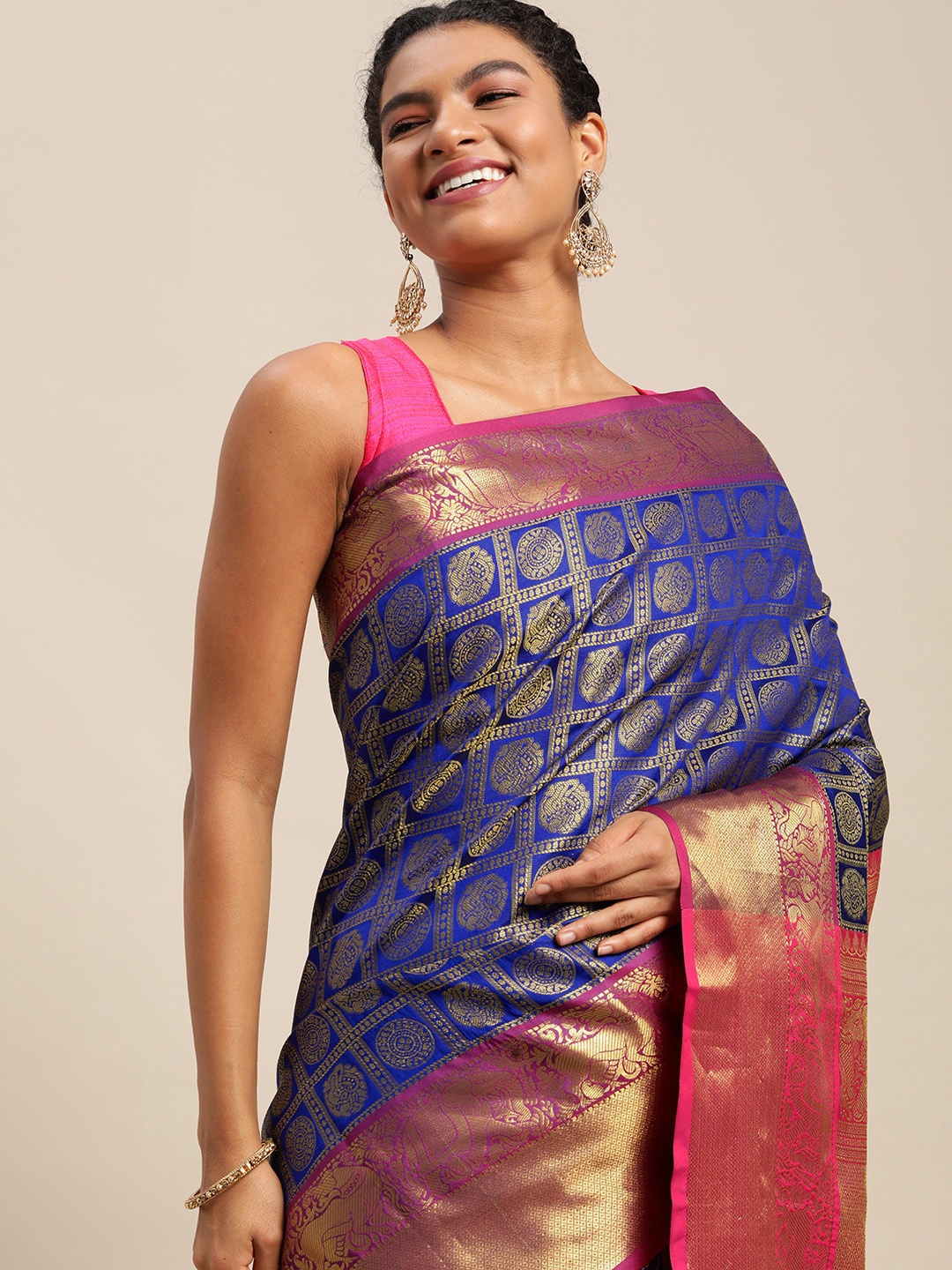

Royal Rajgharana Saree Blue & Golden Checked Banarasi Sarees
