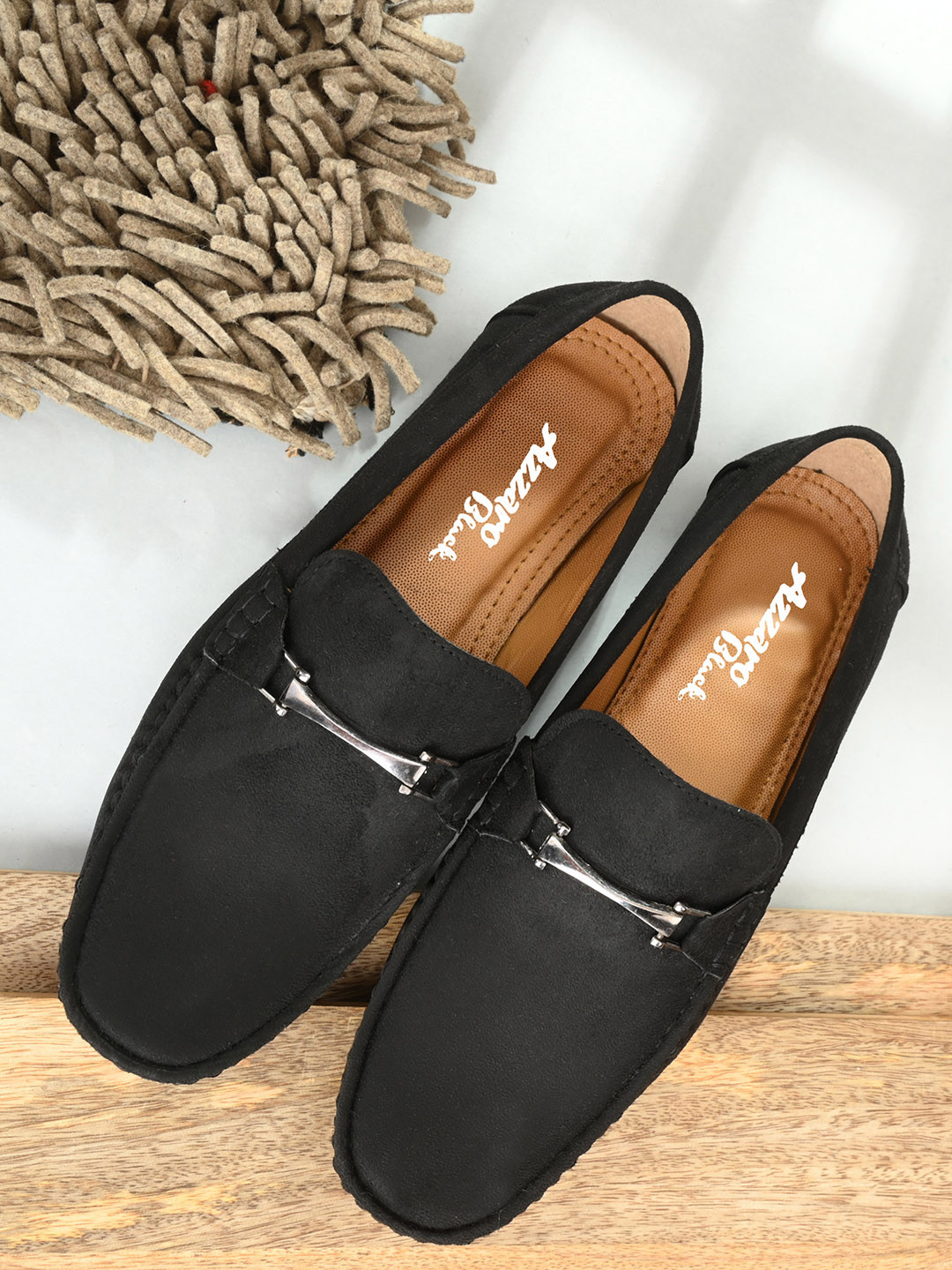 

Azzaro Black Men Black Woven Design Suede Loafers