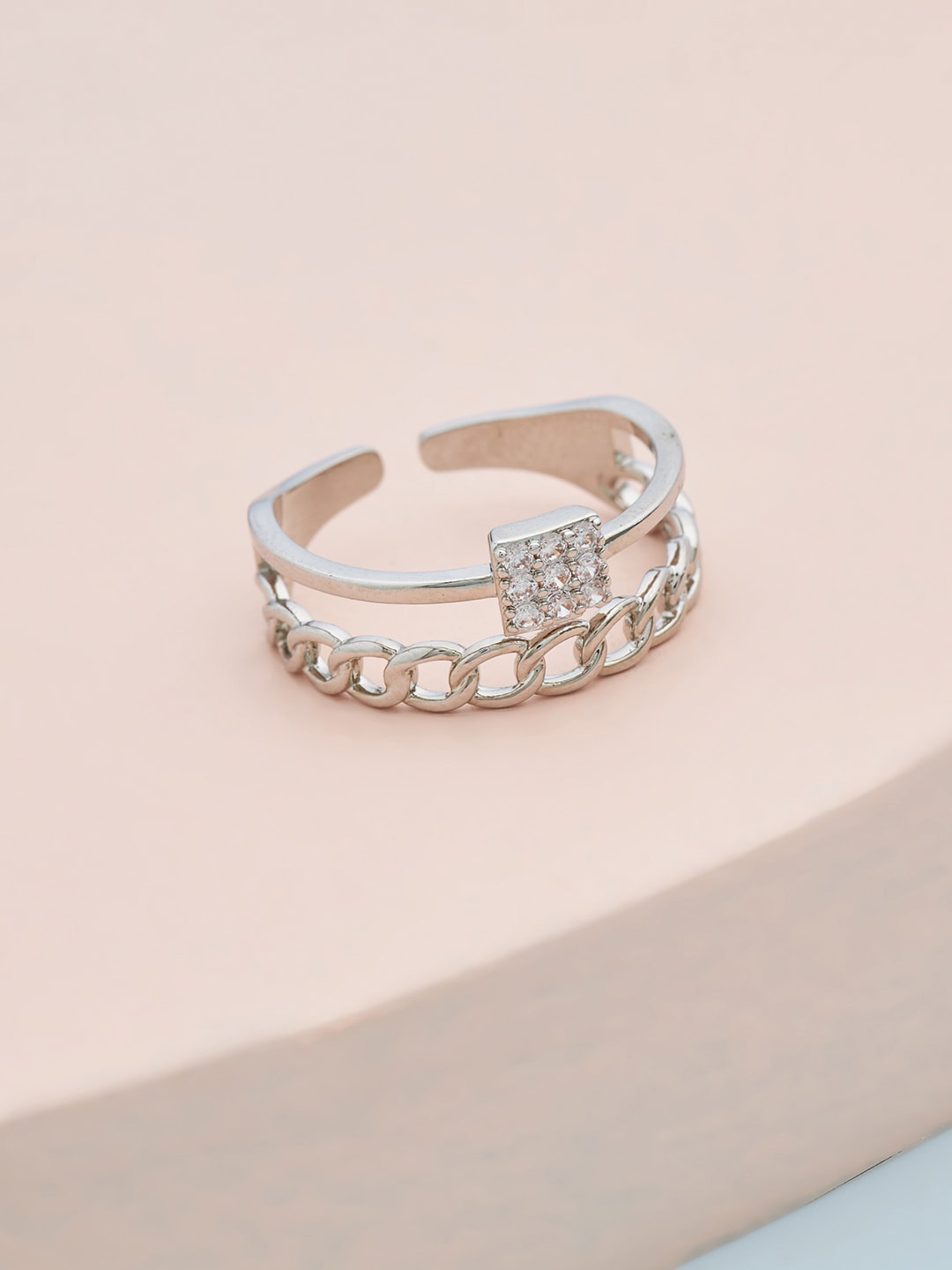 

Kushal's Fashion Jewellery Rhodium-Plated White CZ-Studded Adjustable Finger Ring